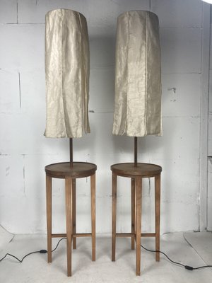 Wabi Sabi Teak and Copper Floor Lamps with Silk Shades attributed to Jan Des Bouvrie, Dutch, 1990s, Set of 2-BHG-1741686