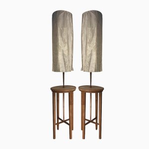 Wabi Sabi Teak and Copper Floor Lamps with Silk Shades attributed to Jan Des Bouvrie, Dutch, 1990s, Set of 2-BHG-1741686