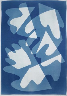 Walking on Glass, Monotype, Cutouts Mid-Century Shapes in Blue Tones, 2021-RWC-1001035