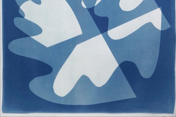 Walking on Glass, Monotype, Cutouts Mid-Century Shapes in Blue Tones, 2021-RWC-1001035