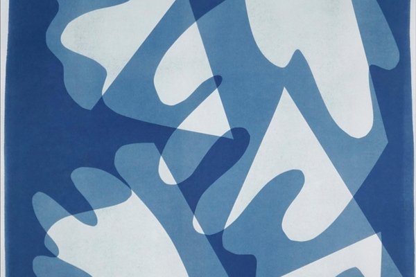 Walking on Glass, Monotype, Cutouts Mid-Century Shapes in Blue Tones, 2021-RWC-1001035