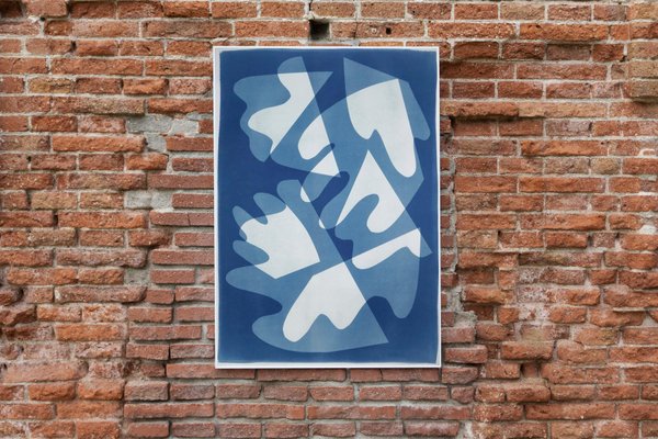 Walking on Glass, Monotype, Cutouts Mid-Century Shapes in Blue Tones, 2021-RWC-1001035