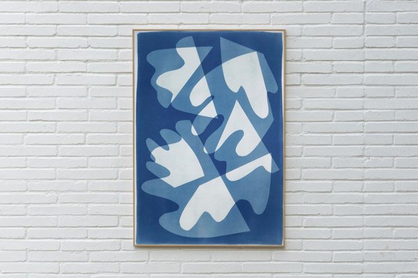 Walking on Glass, Monotype, Cutouts Mid-Century Shapes in Blue Tones, 2021-RWC-1001035