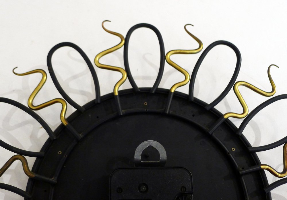 Wall Clock with Black and Gold Wrought Iron Decor, 1960s