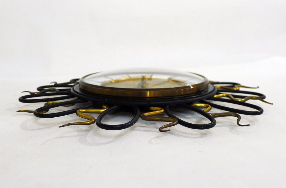 Wall Clock with Black and Gold Wrought Iron Decor, 1960s