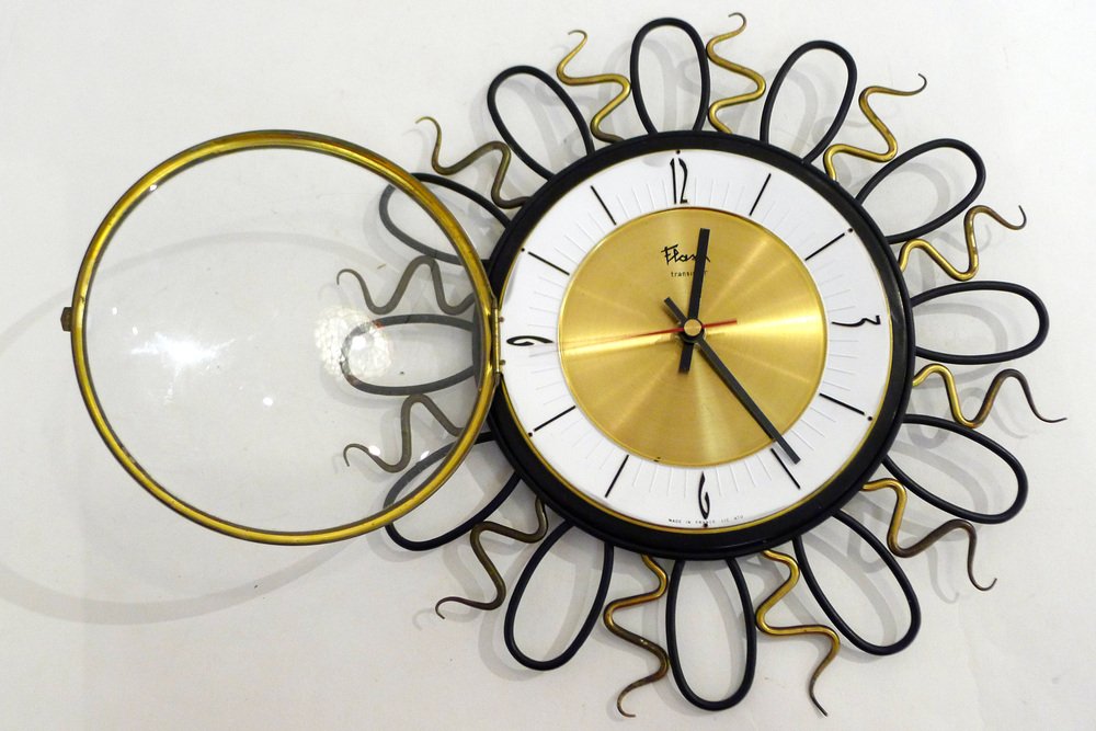 Wall Clock with Black and Gold Wrought Iron Decor, 1960s