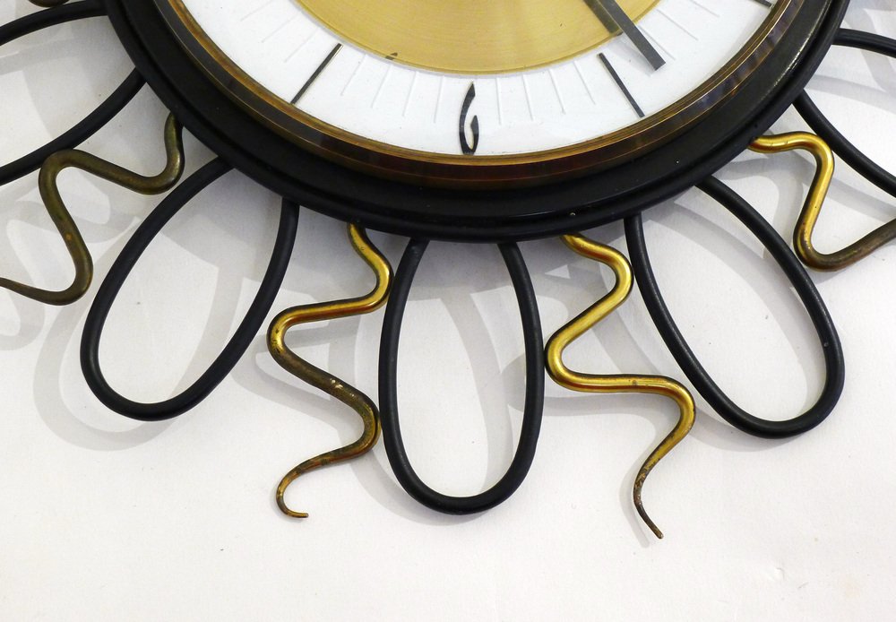 Wall Clock with Black and Gold Wrought Iron Decor, 1960s