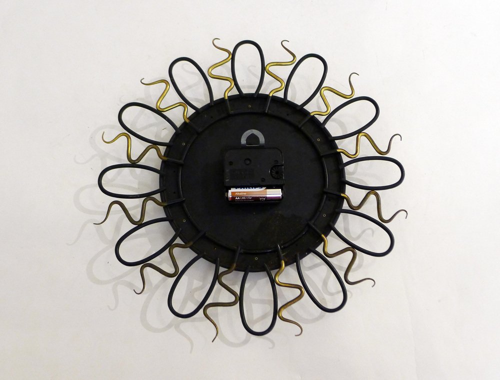 Wall Clock with Black and Gold Wrought Iron Decor, 1960s