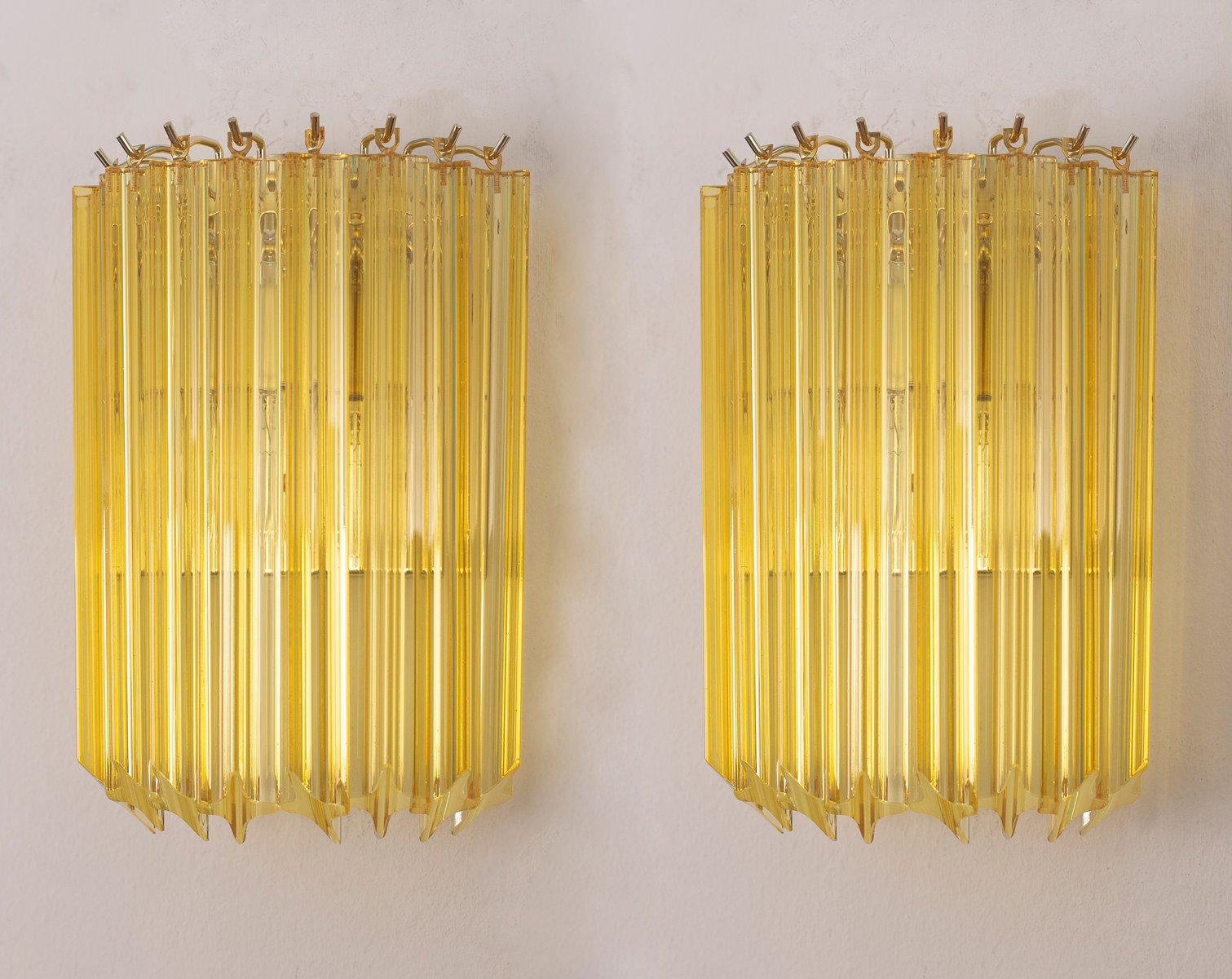 Wall Lamp with Quadrihedral Murano Glass Yellow Color, Italy, 1990s, Set of 2