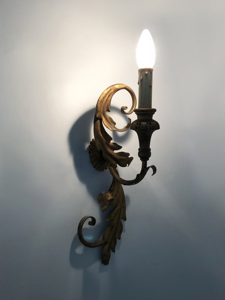 Wall Light in Gilded Metal and Wood from Li Puma Firenze, Italy, 1960s