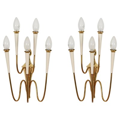 Wall Lights in Brass and White Enameled Metal attributed to Oscar Torlasco, Italy, 1950s, Set of 2-JDR-2035233