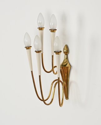 Wall Lights in Brass and White Enameled Metal attributed to Oscar Torlasco, Italy, 1950s, Set of 2-JDR-2035233