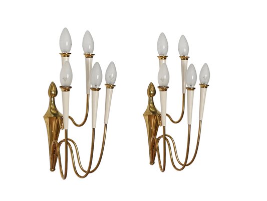 Wall Lights in Brass and White Enameled Metal attributed to Oscar Torlasco, Italy, 1950s, Set of 2-JDR-2035233