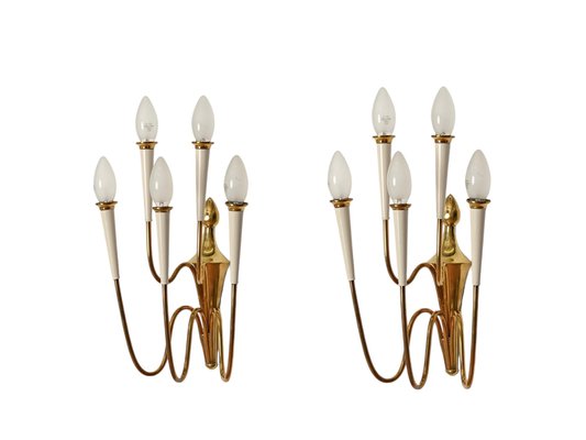 Wall Lights in Brass and White Enameled Metal attributed to Oscar Torlasco, Italy, 1950s, Set of 2-JDR-2035233