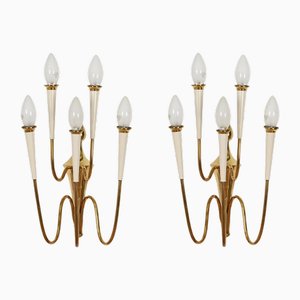 Wall Lights in Brass and White Enameled Metal attributed to Oscar Torlasco, Italy, 1950s, Set of 2-JDR-2035233