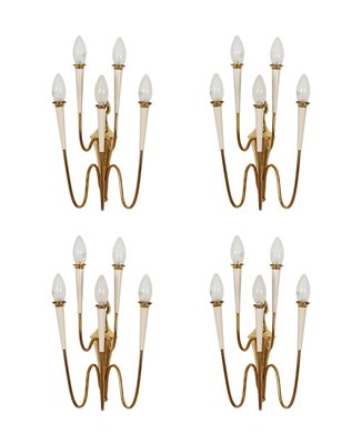 Wall Lights in Brass and White Enameled Metal by Gio Ponti, Italy, 1950s, Set of 4-JDR-2035234