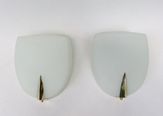 Wall Lights in Brass & Glass attributed to Holophane, 1950s, Set of 4-EY-1794639