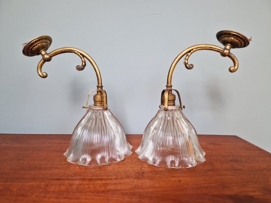 Wall Lights in Gilded Bronze and Grooved Glass from Holophane, 1920s, Set of 2-FAX-1733863