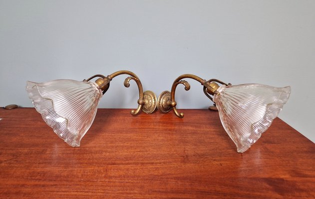 Wall Lights in Gilded Bronze and Grooved Glass from Holophane, 1920s, Set of 2-FAX-1733863