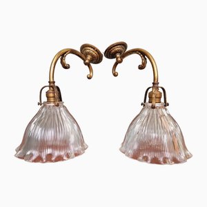 Wall Lights in Gilded Bronze and Grooved Glass from Holophane, 1920s, Set of 2-FAX-1733863