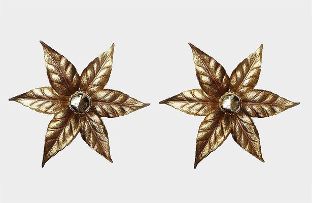 Wall Lights in Gilt Brass Leaves by Willy Daro for Massive, 1970s, Belgium, Set of 2-DEK-932616