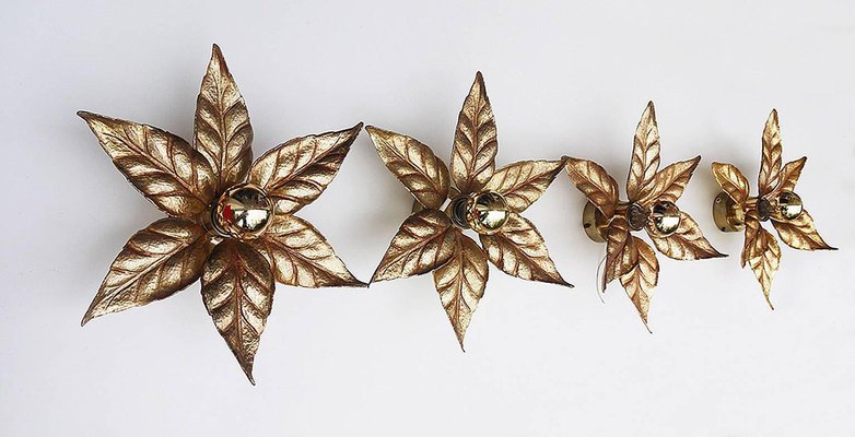 Wall Lights in Gilt Brass Leaves by Willy Daro for Massive, 1970s, Belgium, Set of 2-DEK-932616