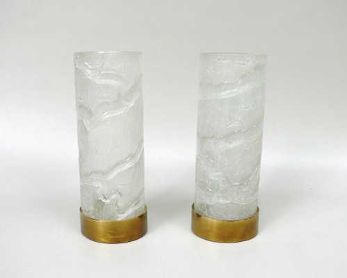 Wall Lights in Ice Glass, Rattan & Brass from Doria Leuchten, 1960s, Set of 2-EY-1750140