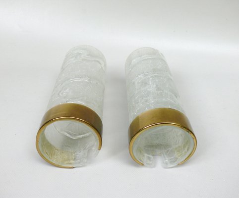 Wall Lights in Ice Glass, Rattan & Brass from Doria Leuchten, 1960s, Set of 2-EY-1750140