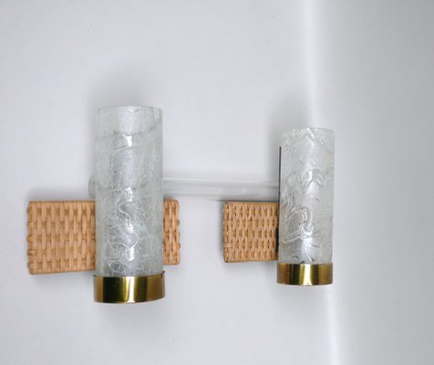 Wall Lights in Ice Glass, Rattan & Brass from Doria Leuchten, 1960s, Set of 2-EY-1750140