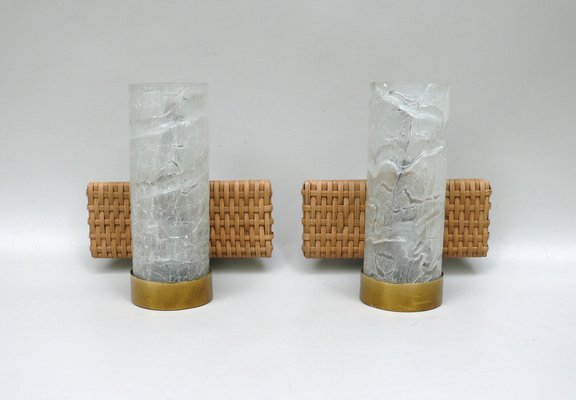 Wall Lights in Ice Glass, Rattan & Brass from Doria Leuchten, 1960s, Set of 2-EY-1750140