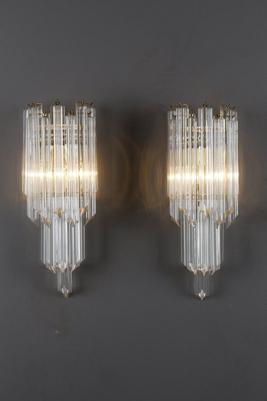 Wall Lights with Murano Quadrihedral Glasses, 1990, Set of 2