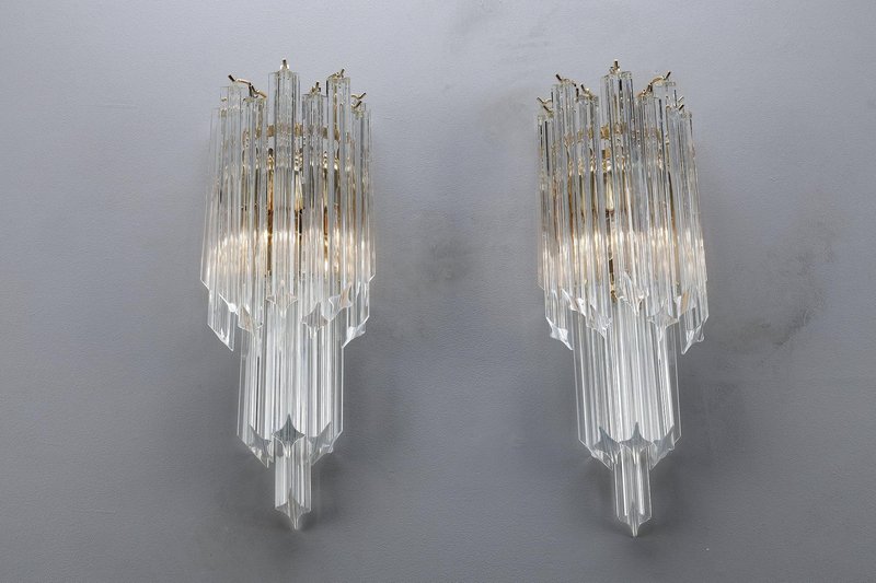 Wall Lights with Murano Quadrihedral Glasses, 1990, Set of 2