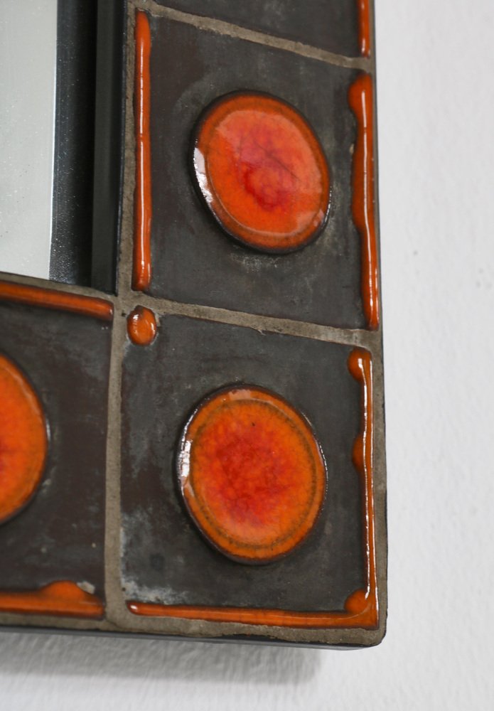 Wall Mirror with Orange Ceramic Tiles attributed to Dietlinde Hein for Knabstrup, Denmark, 1960s