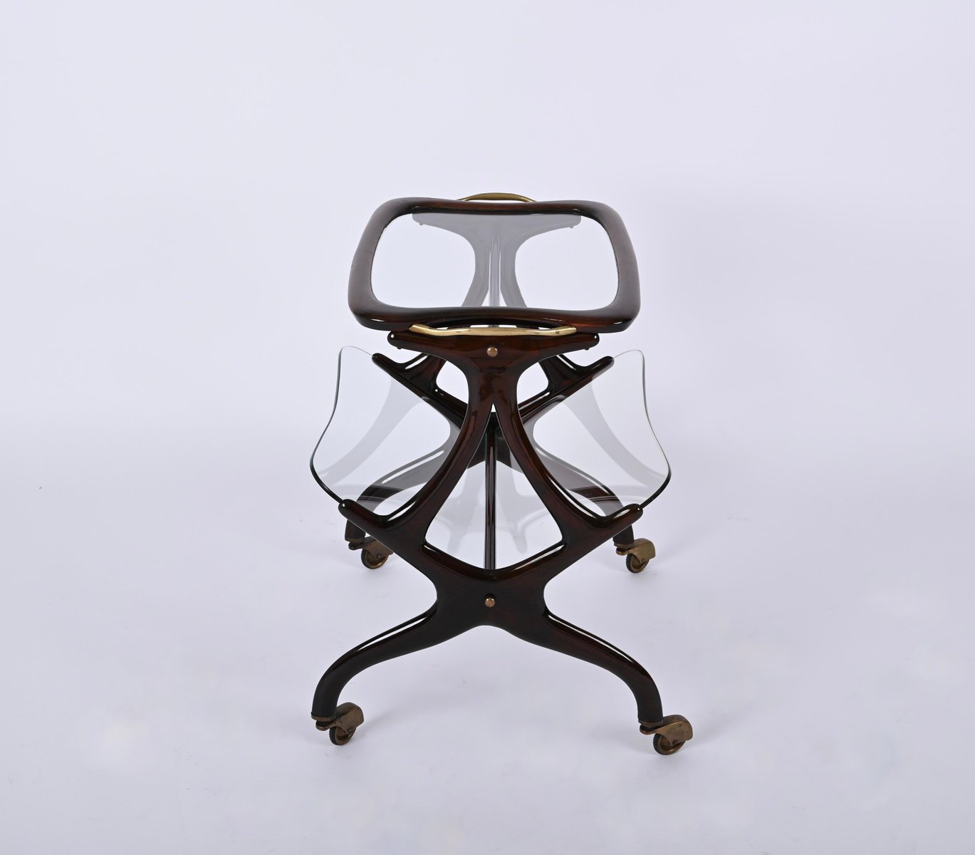 Walnut and Brass Bar Cart with Magazine Rack attributed to Cesare Lacca for Cesare Lacca, Italy, 1950s