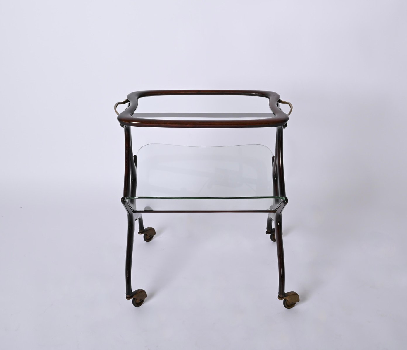 Walnut and Brass Bar Cart with Magazine Rack attributed to Cesare Lacca for Cesare Lacca, Italy, 1950s