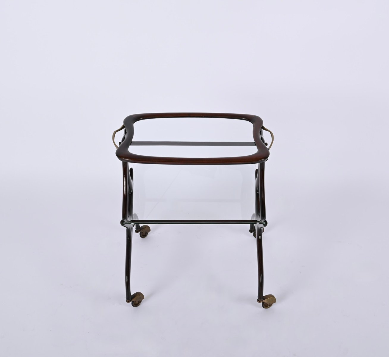 Walnut and Brass Bar Cart with Magazine Rack attributed to Cesare Lacca for Cesare Lacca, Italy, 1950s