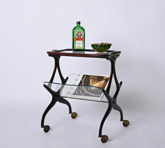 Walnut and Brass Bar Cart with Magazine Rack attributed to Cesare Lacca for Cesare Lacca, Italy, 1950s