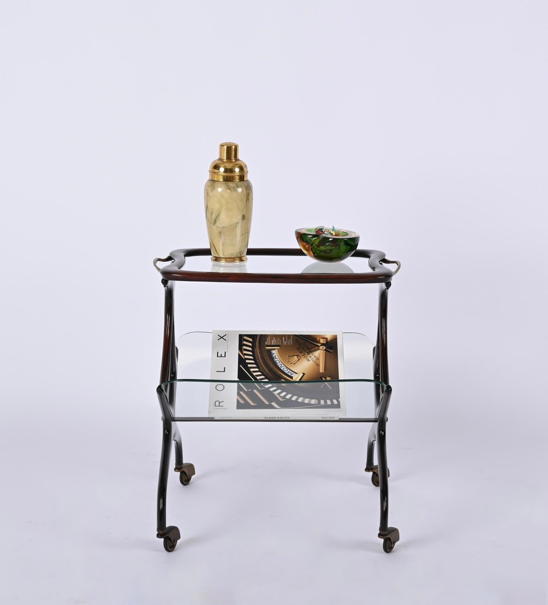 Walnut and Brass Bar Cart with Magazine Rack attributed to Cesare Lacca for Cesare Lacca, Italy, 1950s