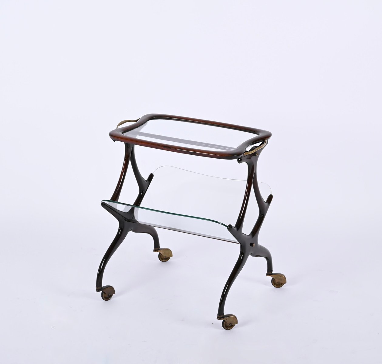 Walnut and Brass Bar Cart with Magazine Rack attributed to Cesare Lacca for Cesare Lacca, Italy, 1950s