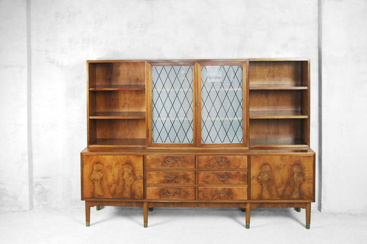 Walnut and Burl Swedish Buffet with Glass Vitrine, 1940s