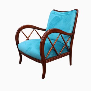 Walnut and Light Blue Velvet Armchair by Paolo Buffa, 1940s-EH-1058098