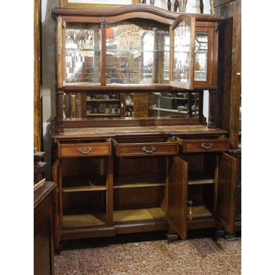 Walnut Cupboard with Beveled Glass and Marble Top-RAQ-699879