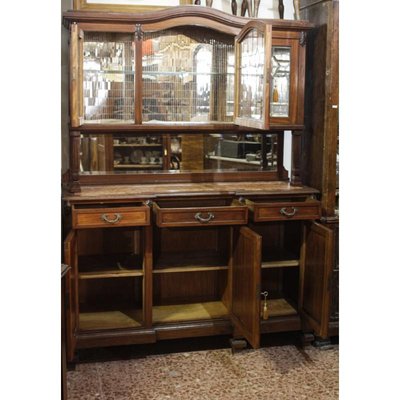 Walnut Cupboard with Beveled Glass and Marble Top-RAQ-699879