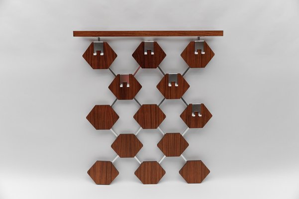 Walnut Honeycombs Wall Coat Rack with Chrome Hooks, 1960s-KQB-1724708