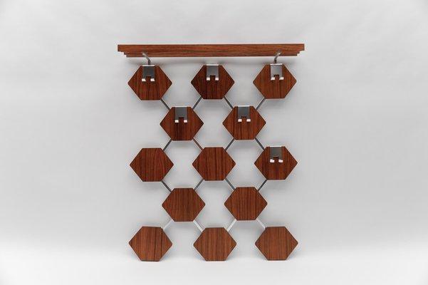 Walnut Honeycombs Wall Coat Rack with Chrome Hooks, 1960s-KQB-1724708