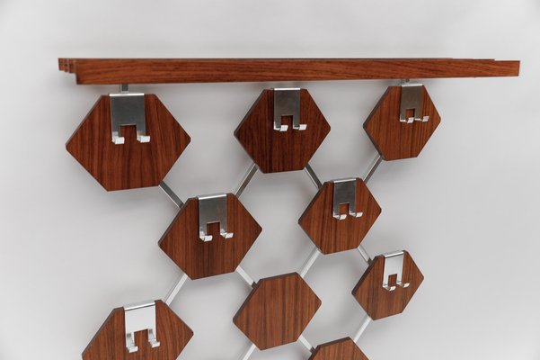 Walnut Honeycombs Wall Coat Rack with Chrome Hooks, 1960s-KQB-1724708