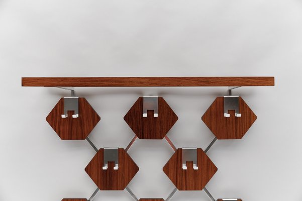 Walnut Honeycombs Wall Coat Rack with Chrome Hooks, 1960s-KQB-1724708