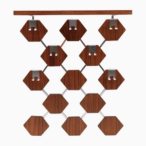 Walnut Honeycombs Wall Coat Rack with Chrome Hooks, 1960s-KQB-1724708