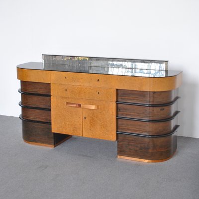 Walnut Root Wood with Colored Glass Top Cabinet, 1940s-JQO-1118550