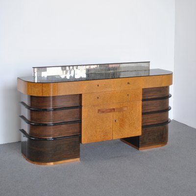 Walnut Root Wood with Colored Glass Top Cabinet, 1940s-JQO-1118550